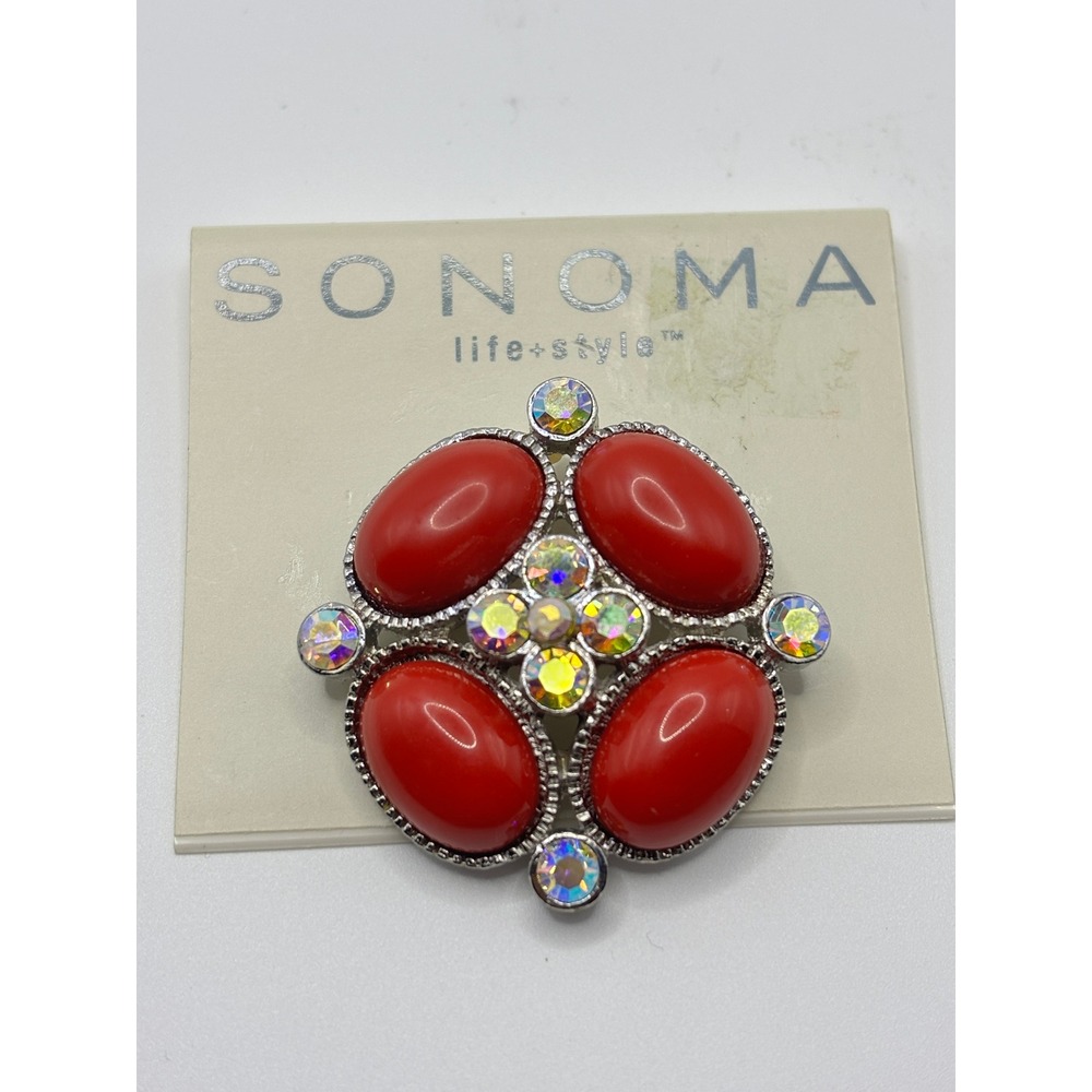 Sonoma Life Style Red Cabochon Aurora Borealis Rhinestone Silver Tone Brooch Pin